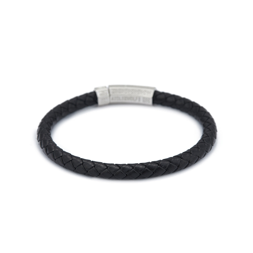 Black Thick Leather Bracelet in Silver