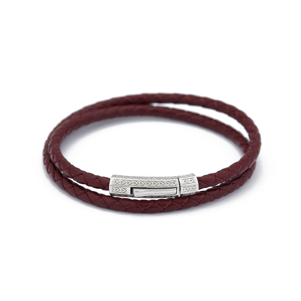 Claret Red Double Leather Bracelet in Silver