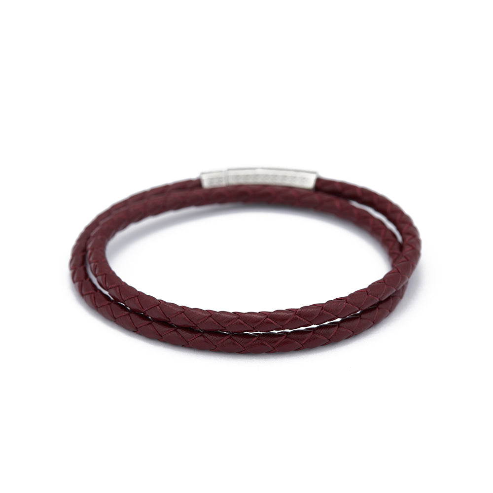 Claret Red Double Leather Bracelet in Silver