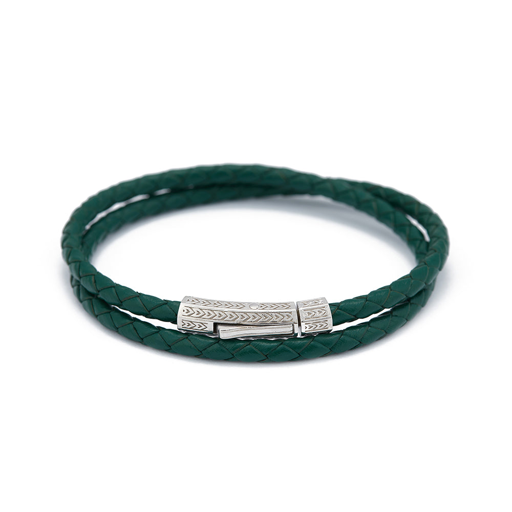 Green Double Leather Bracelet in Silver