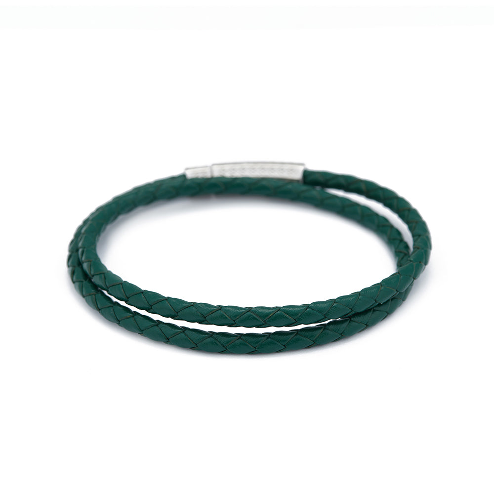 Green Double Leather Bracelet in Silver