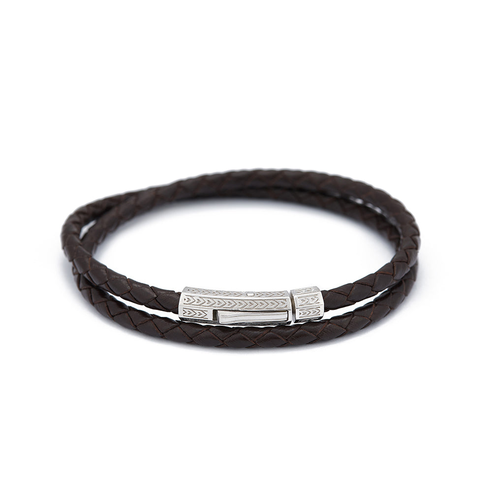 Brown Double Leather Bracelet in Silver