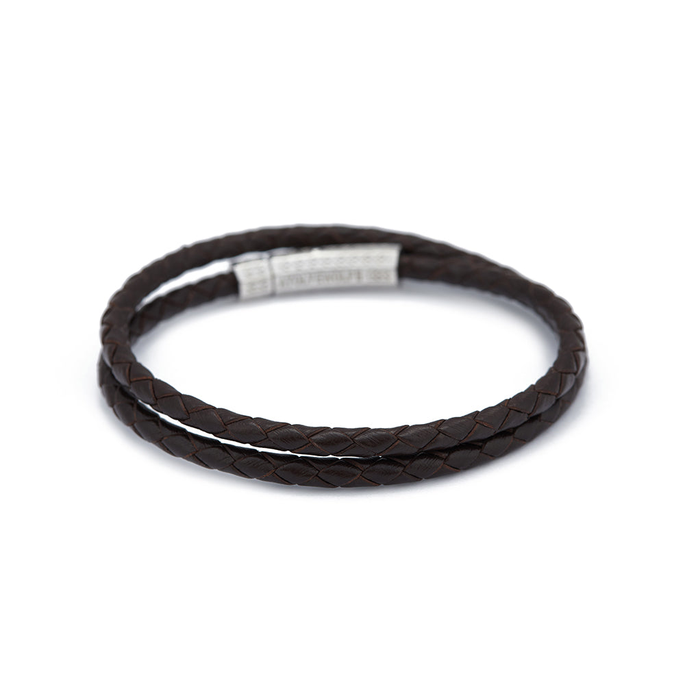 Brown Double Leather Bracelet in Silver