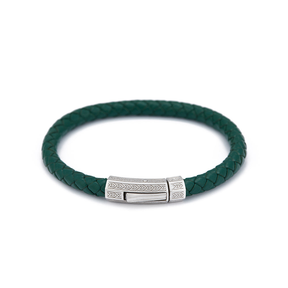 Green Thick Leather Bracelet in Silver