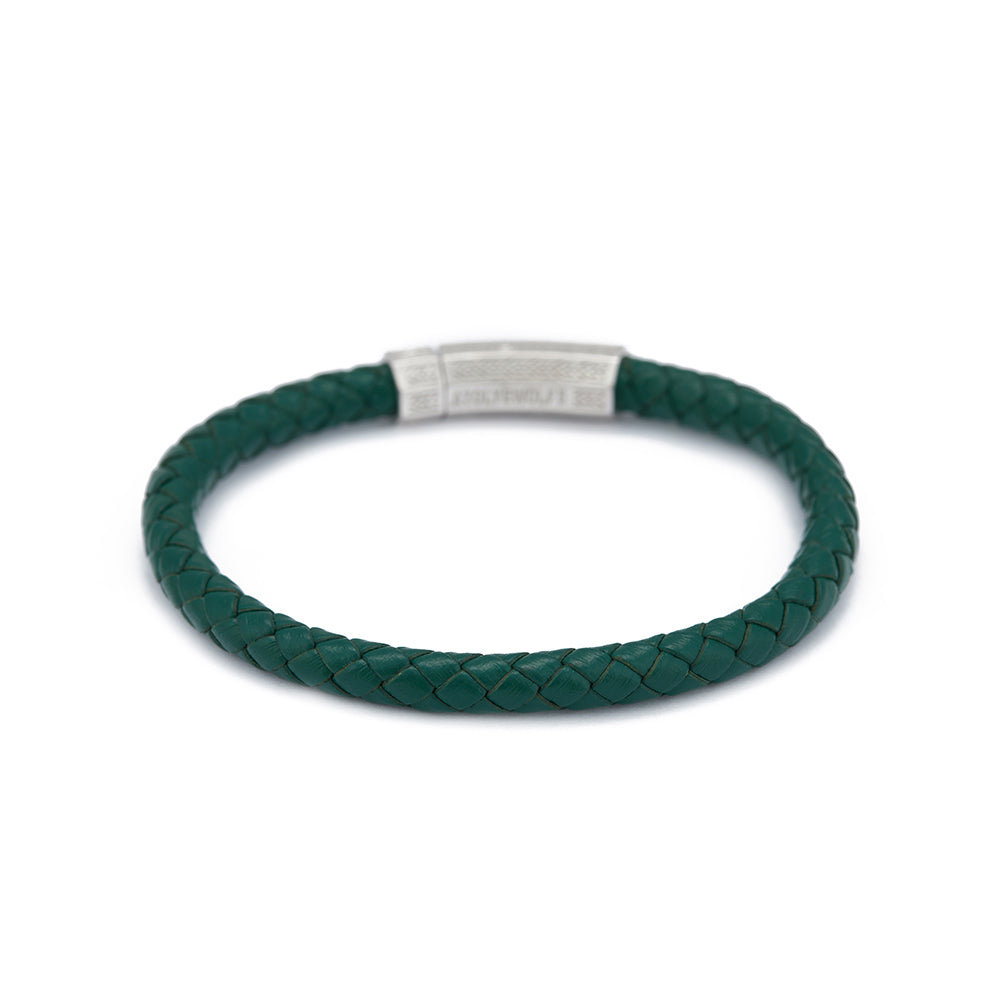 Green Thick Leather Bracelet in Silver