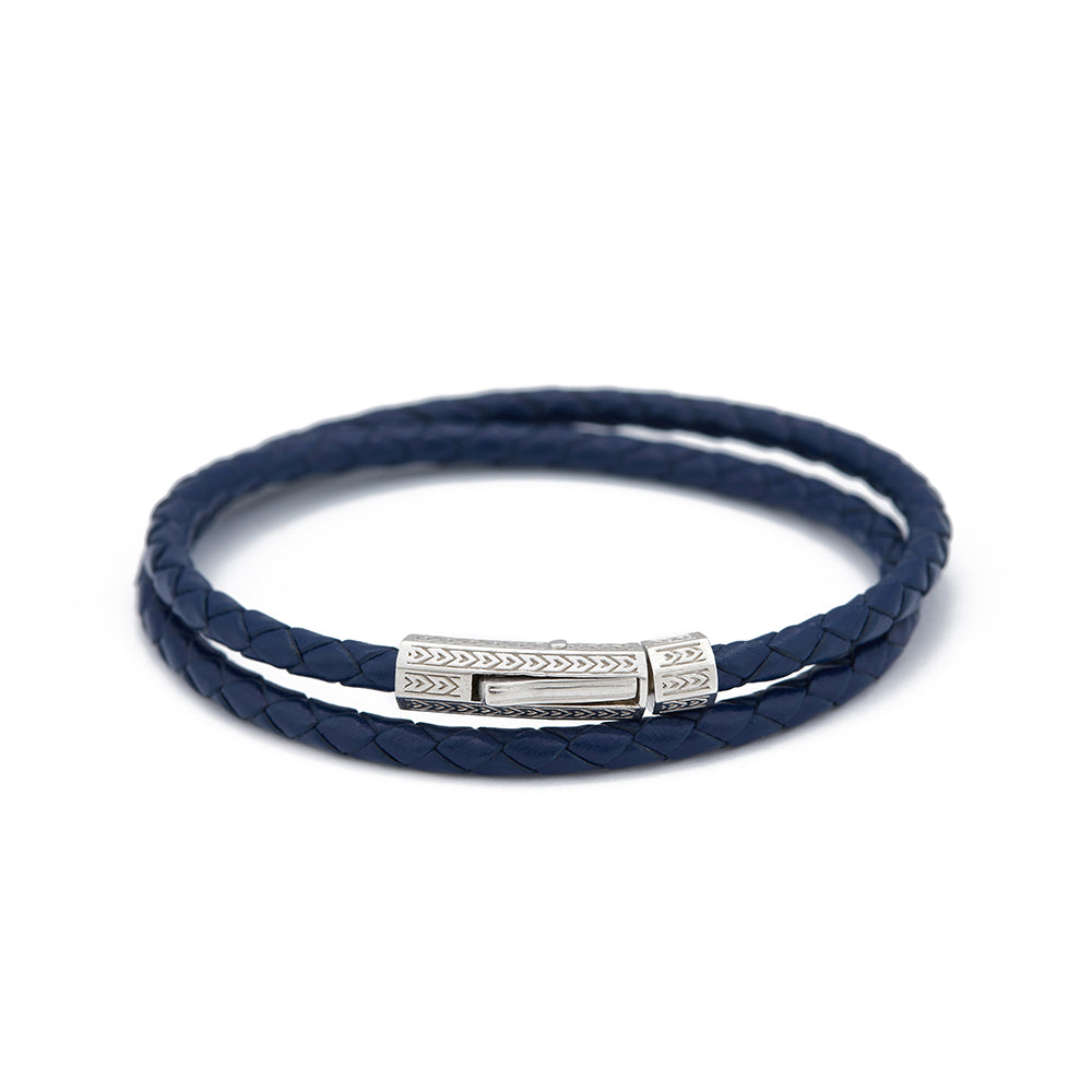 Navy Blue Double Leather Bracelet in Silver