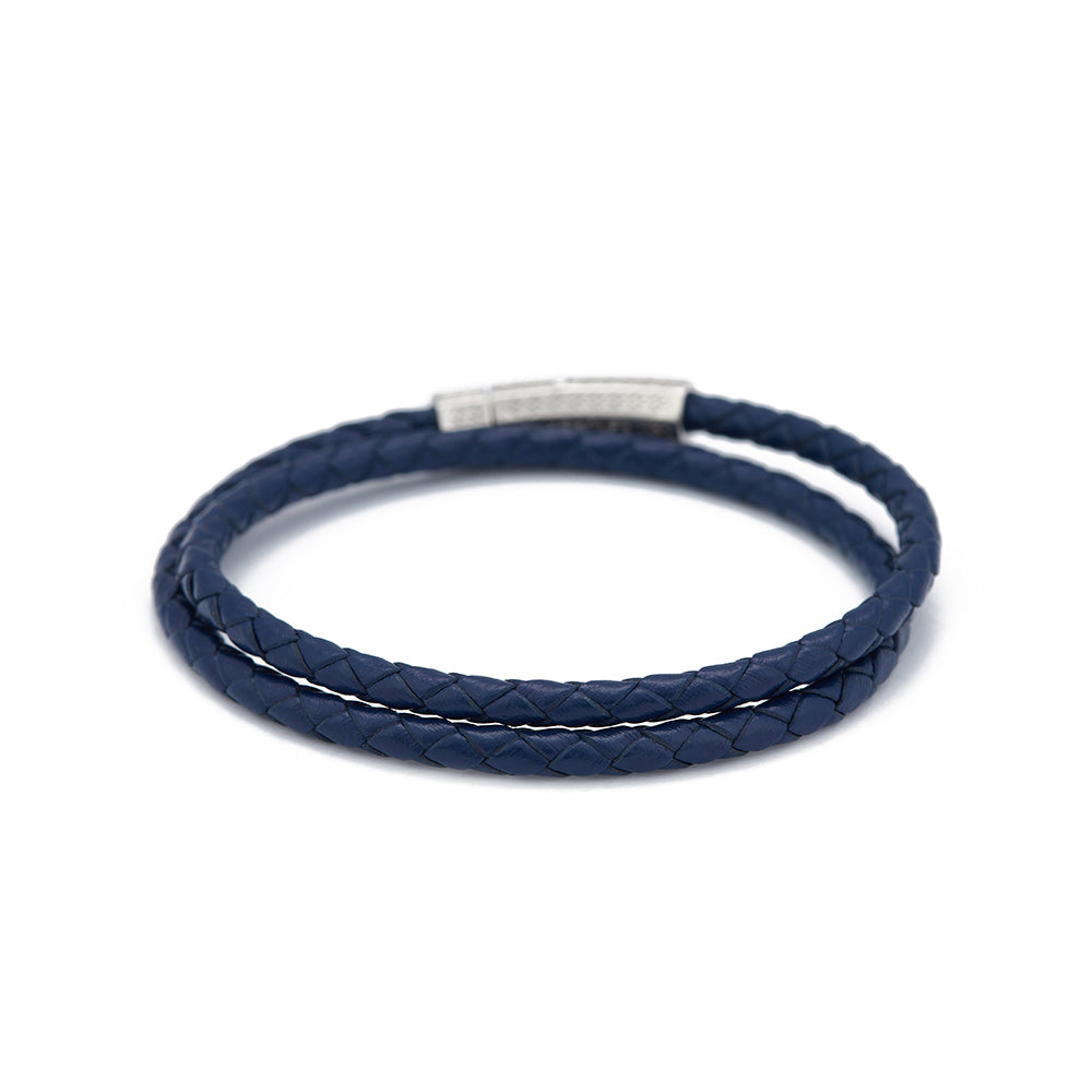 Navy Blue Double Leather Bracelet in Silver