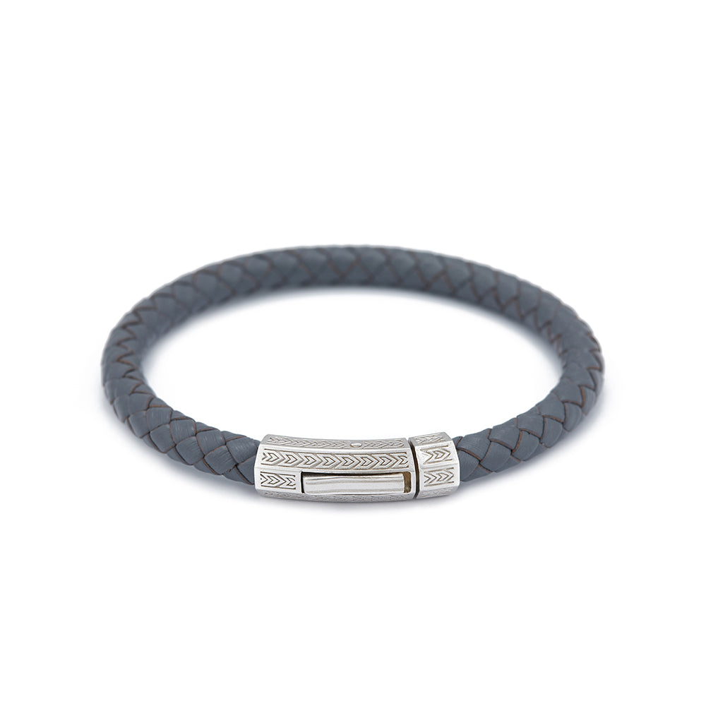 Grey Thick Leather Bracelet in Silver