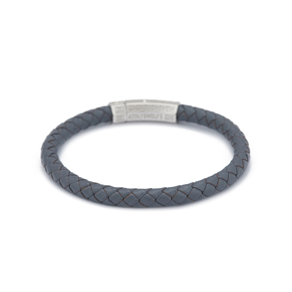 Grey Thick Leather Bracelet in Silver