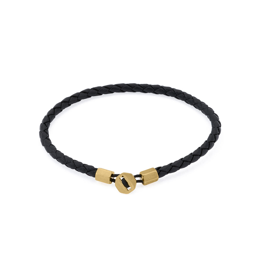 Black Leather Bracelet in Gold