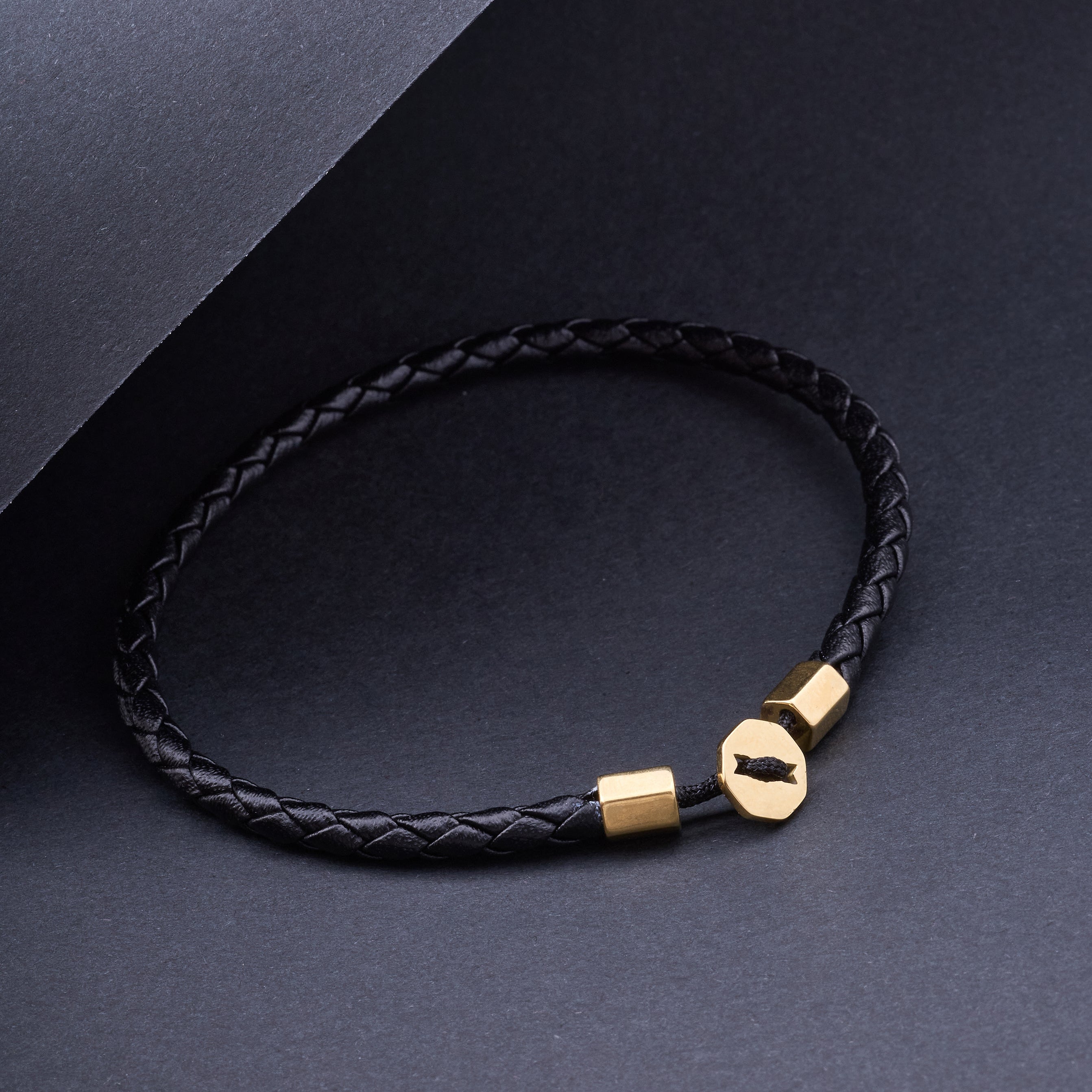 Black Leather Bracelet in Gold