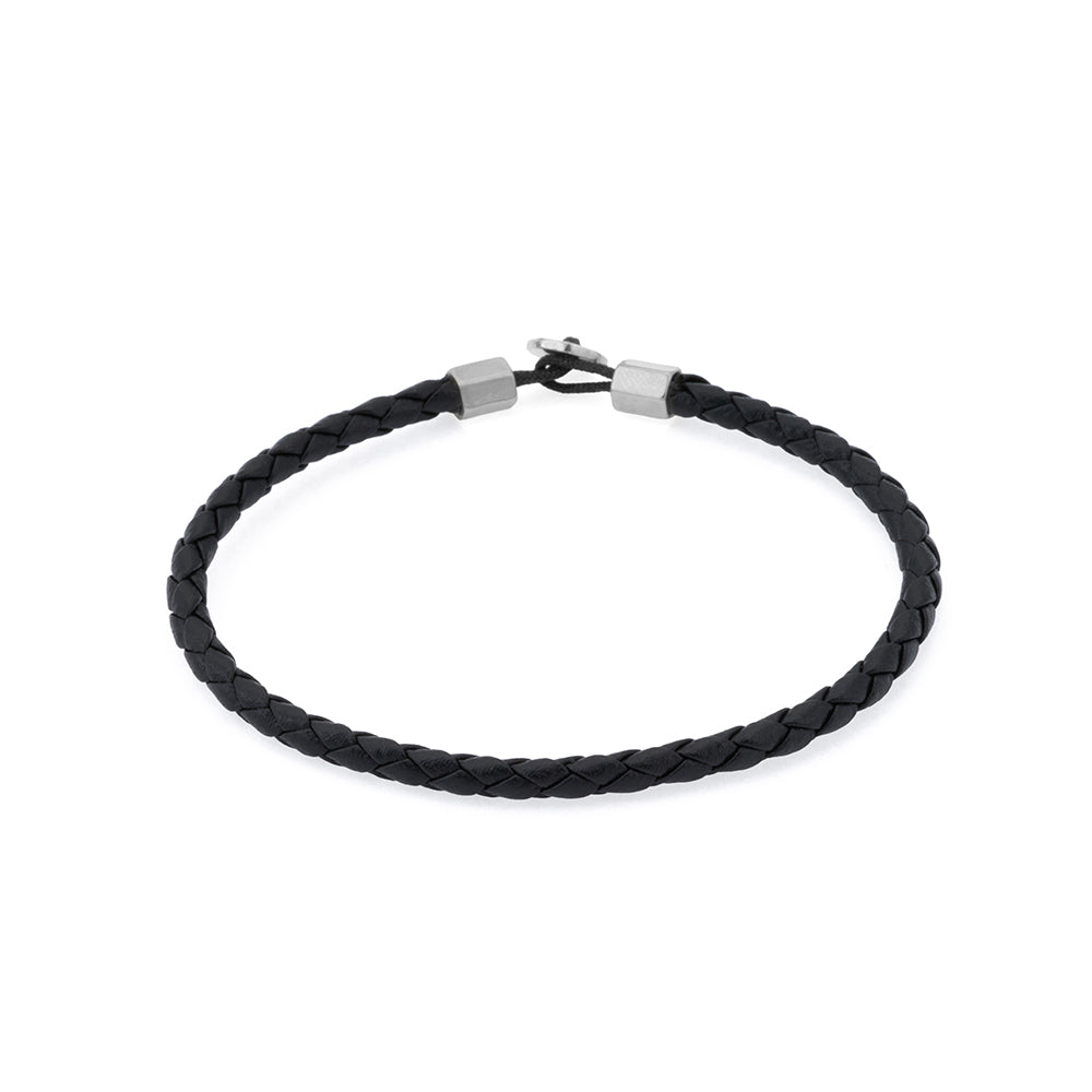 Black Leather Bracelet in Silver
