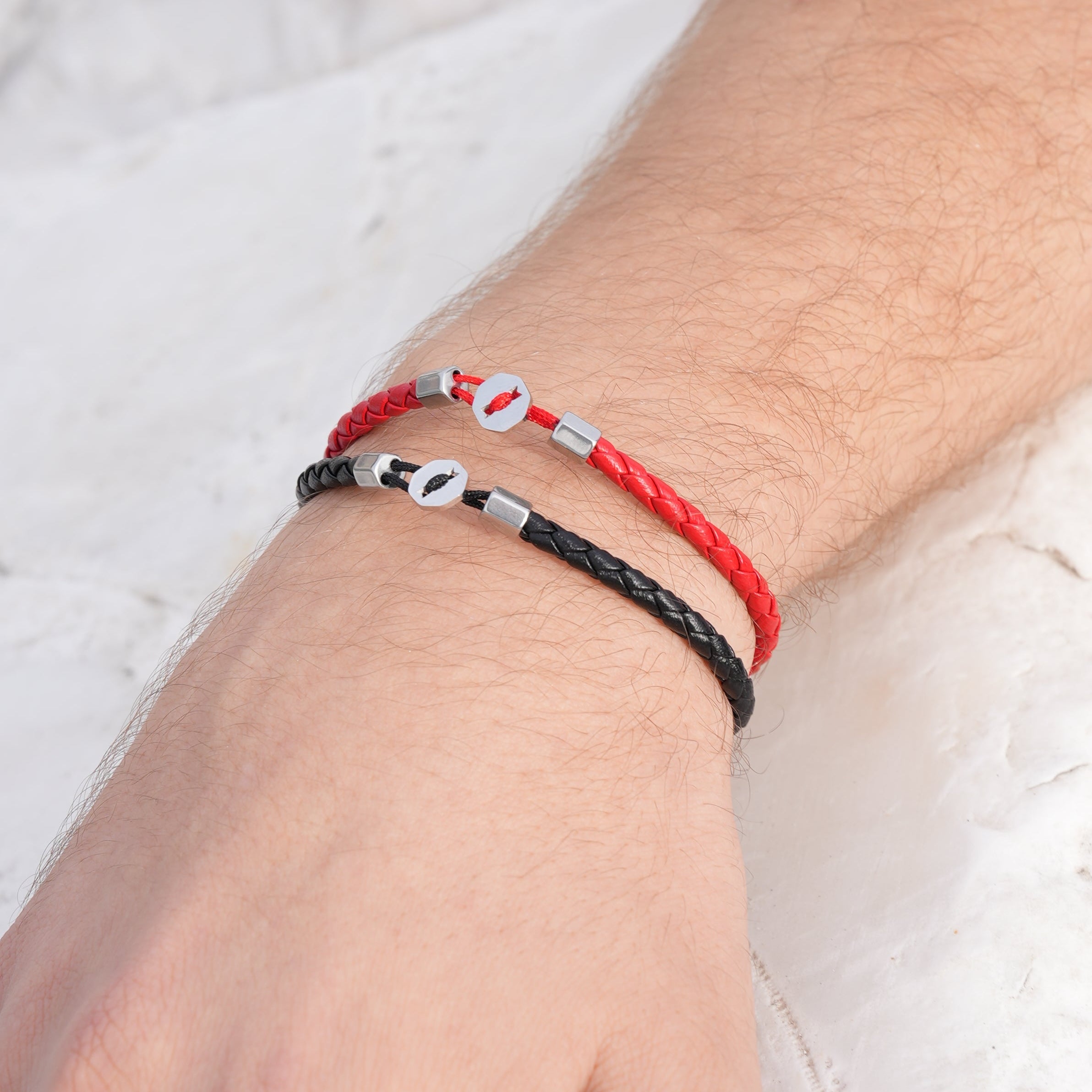 Red Leather Bracelet in Silver
