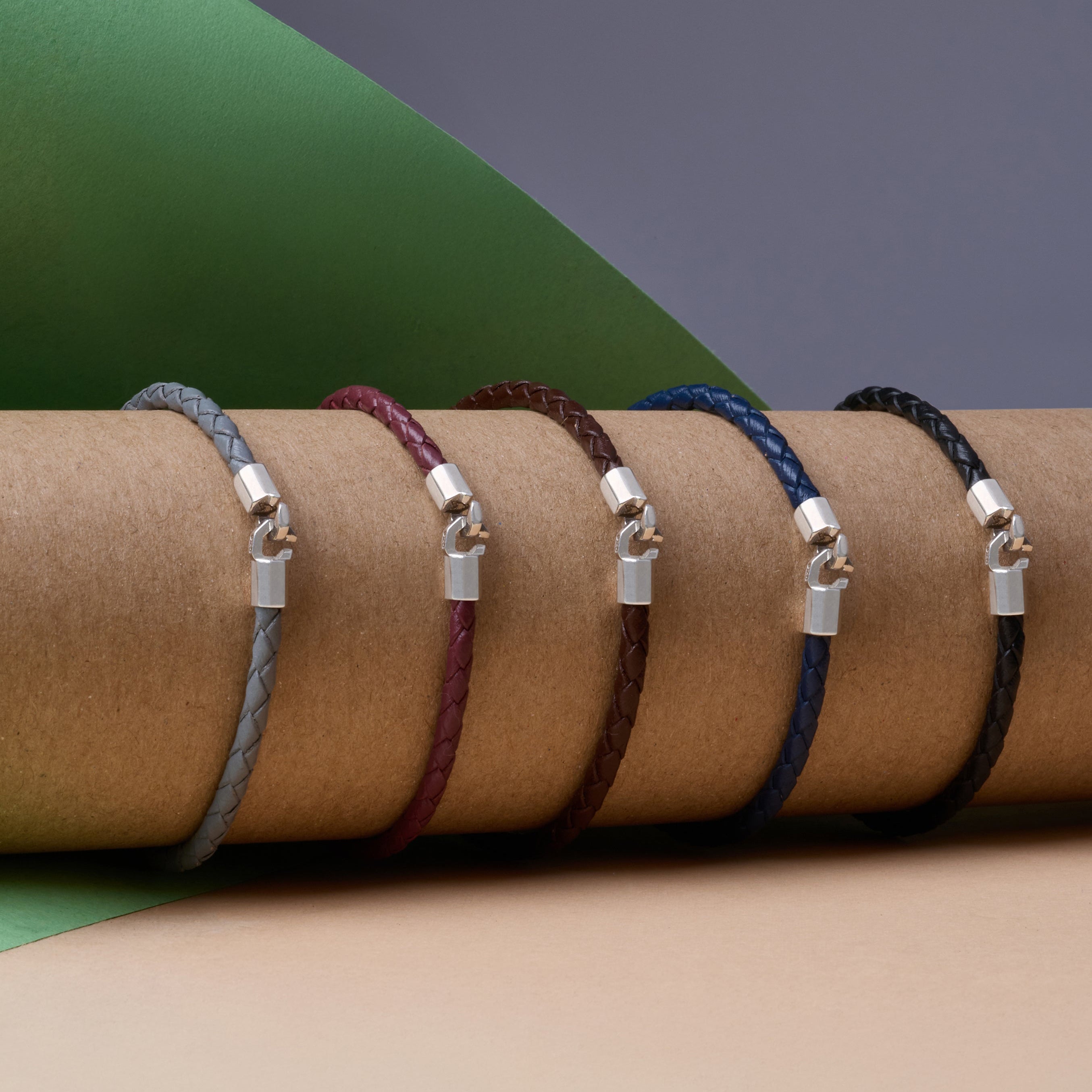 Grey Leather Octagonal Hook Bracelet in Silver