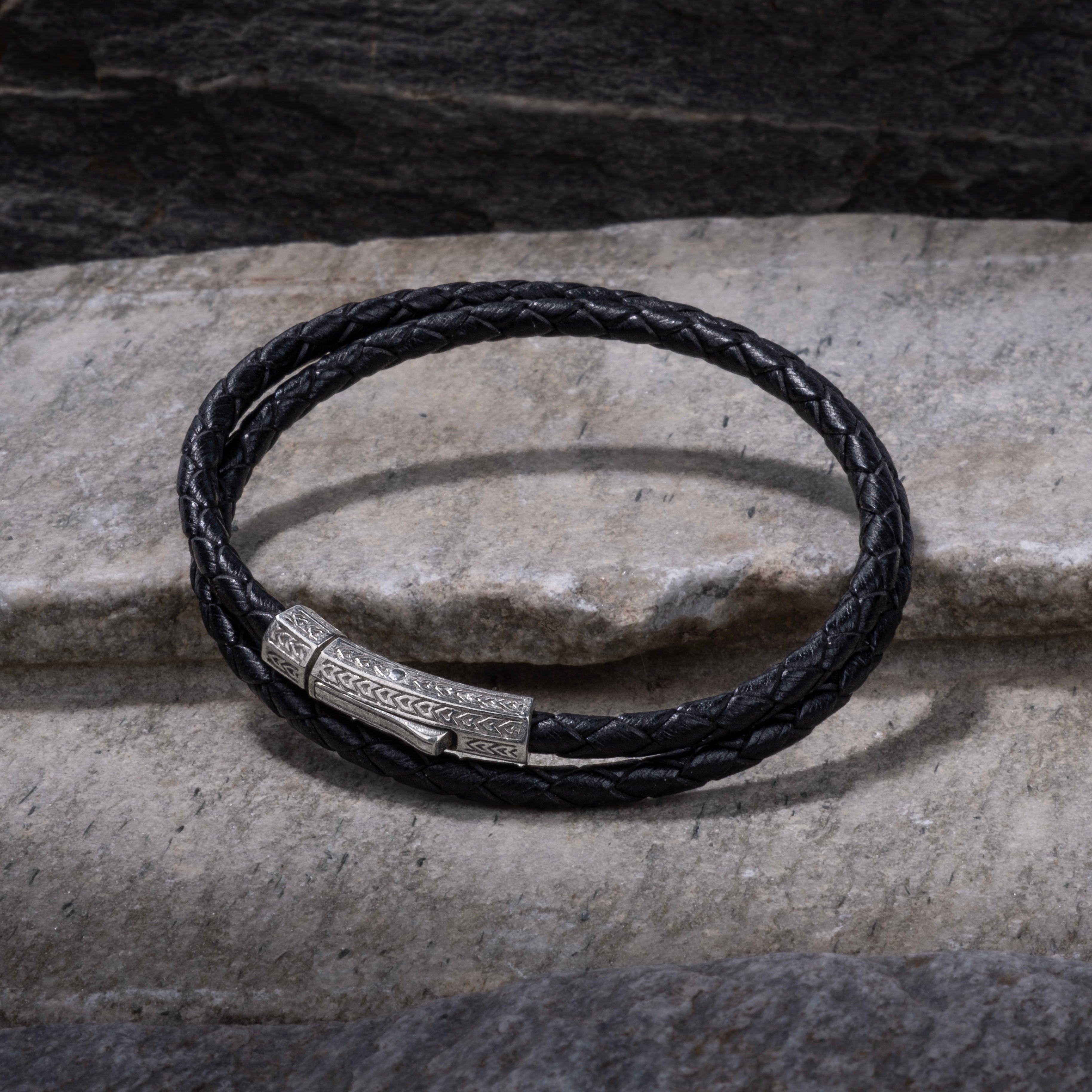 Black Double Leather Bracelet in Silver