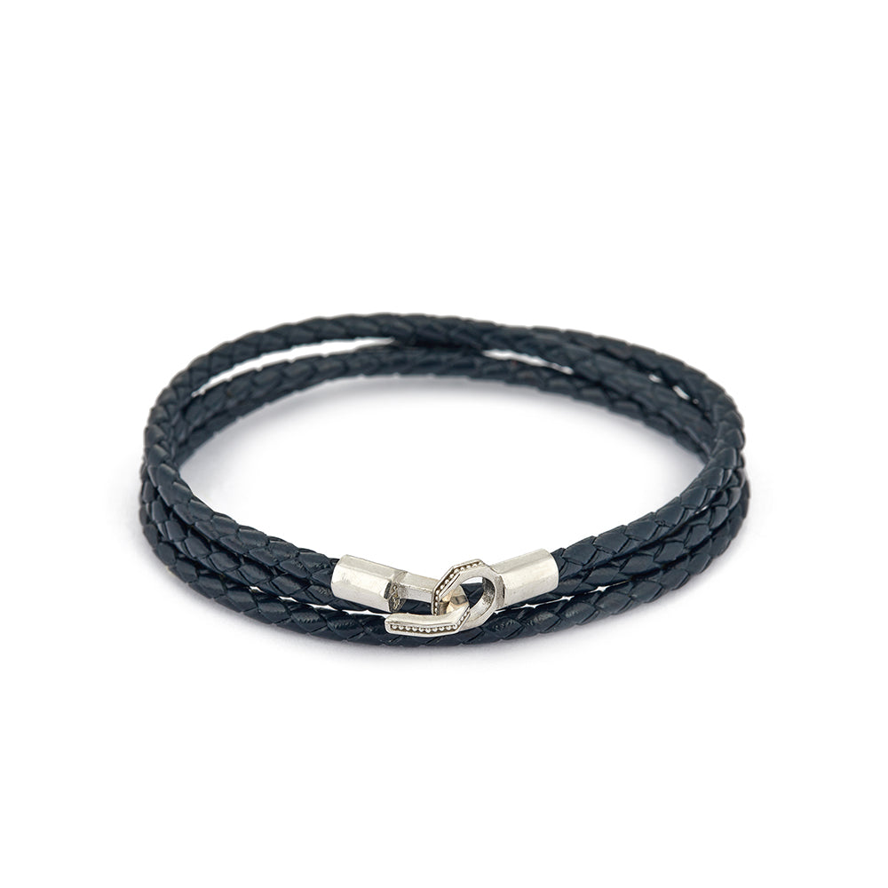 Navy Blue Triple Leather Bracelet in Silver