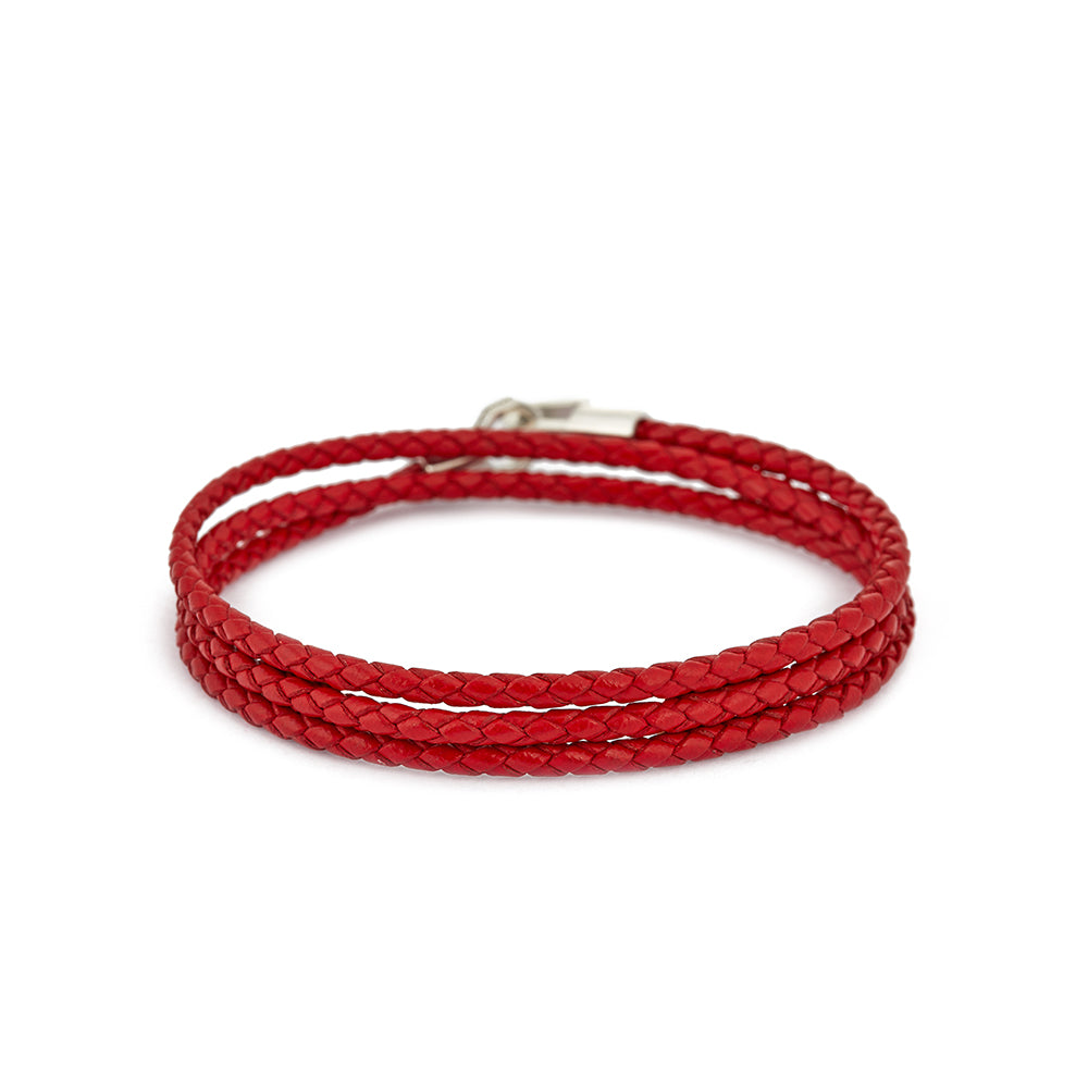 Red Triple Leather Bracelet in Silver
