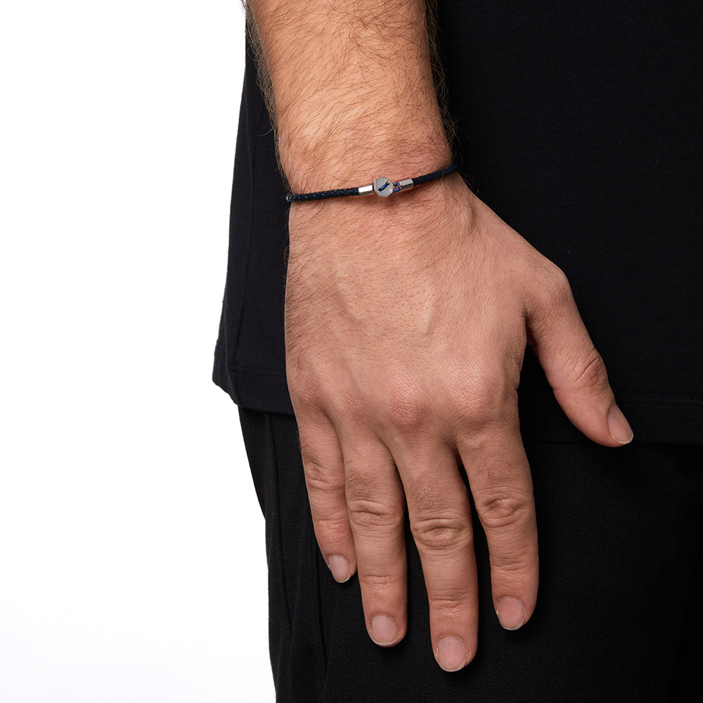 Navy Blue Leather Chance Bracelet in Silver