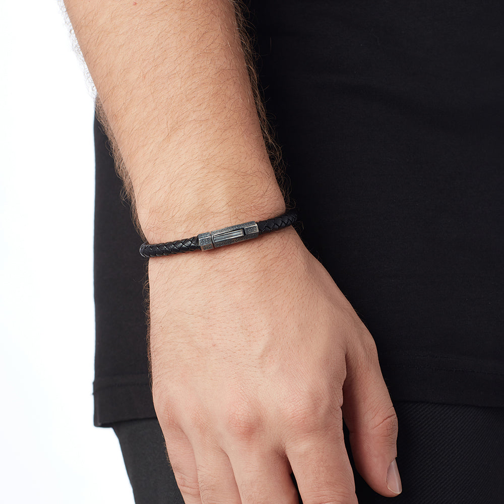 Black Thick Leather Bracelet in Oxide