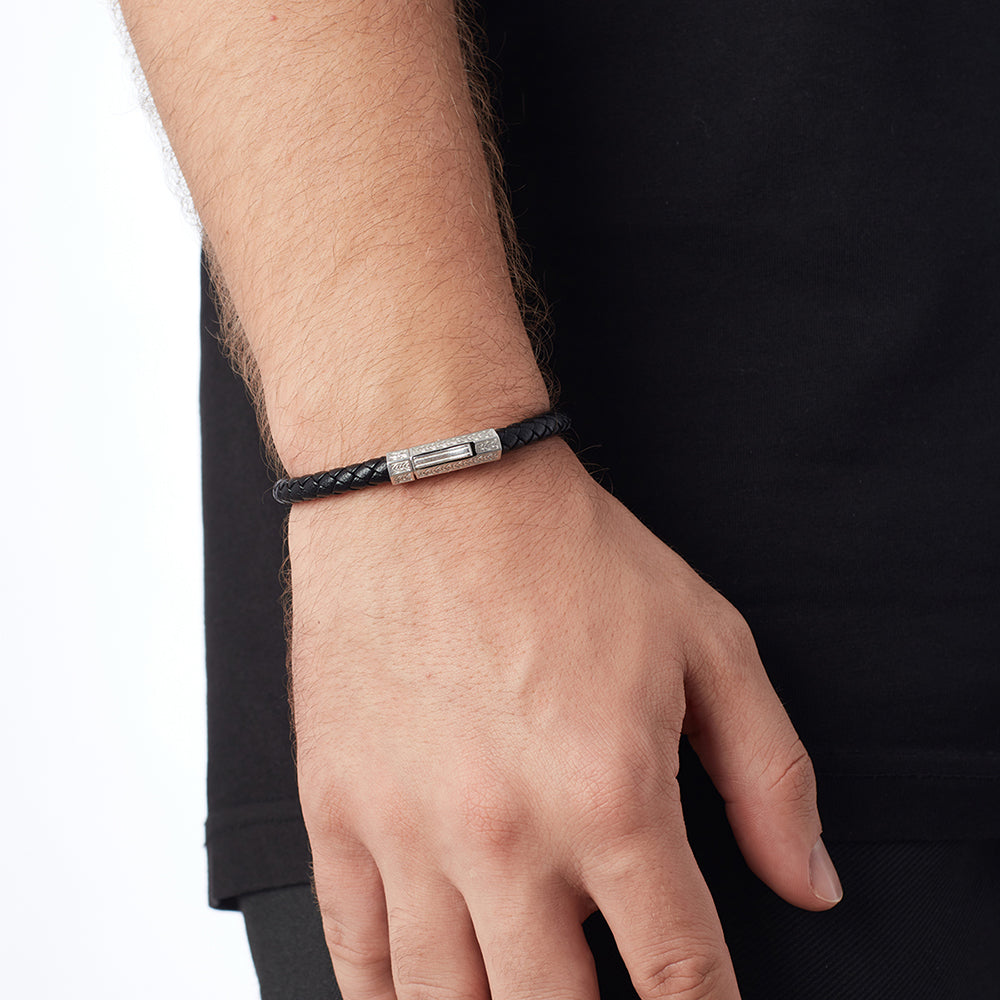 Black Thick Leather Bracelet in Silver