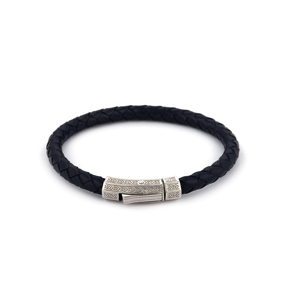 Blue Thick Leather Bracelet in Silver