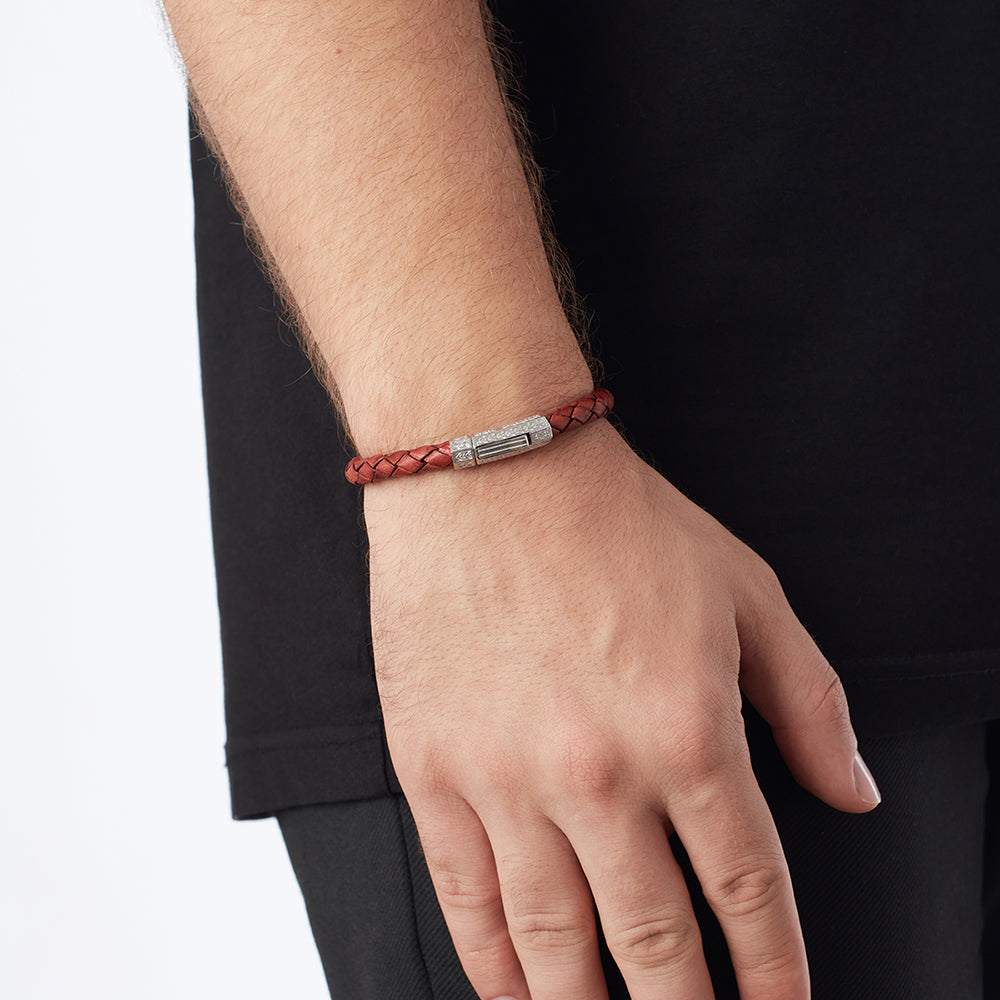 Claret Red Thick Leather Bracelet in Silver