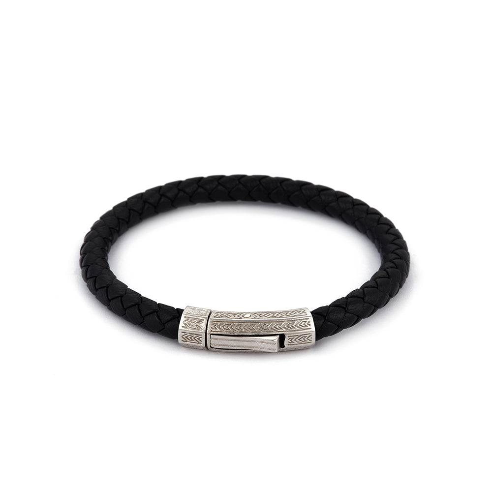 Black Thick Leather Bracelet in Silver