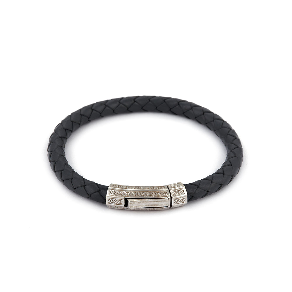 Grey Thick Leather Bracelet in Silver