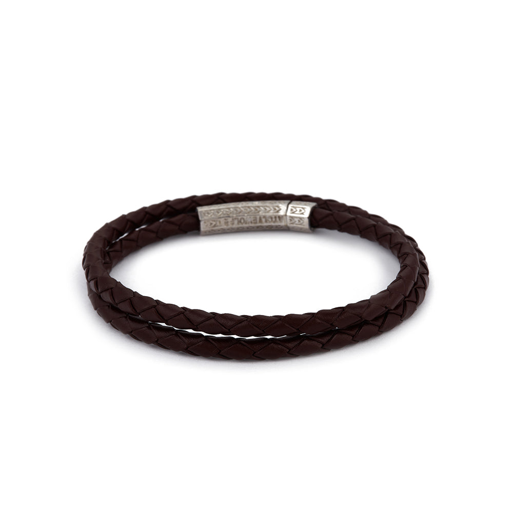 Claret Red Double Leather Bracelet in Silver