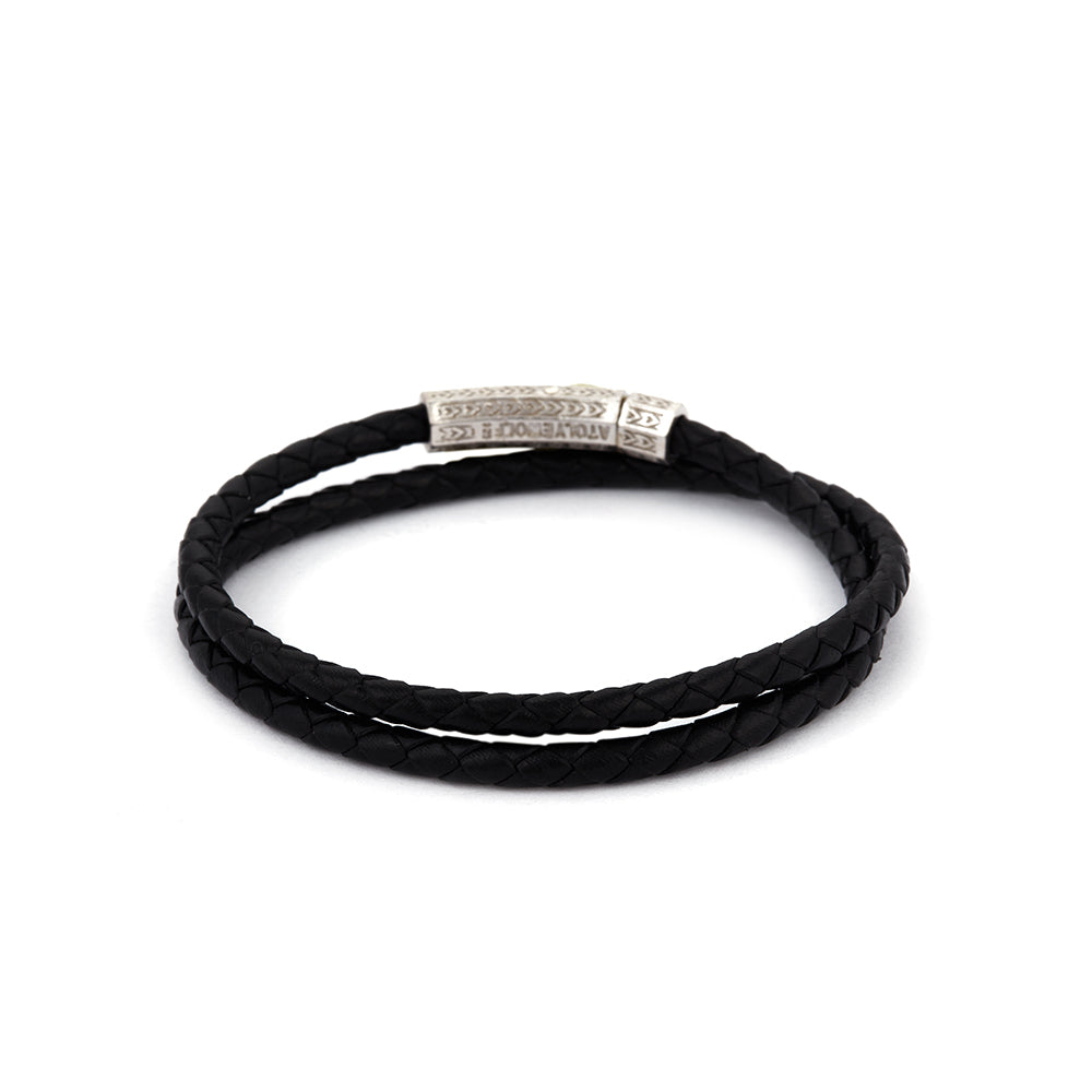 Black Double Leather Bracelet in Silver