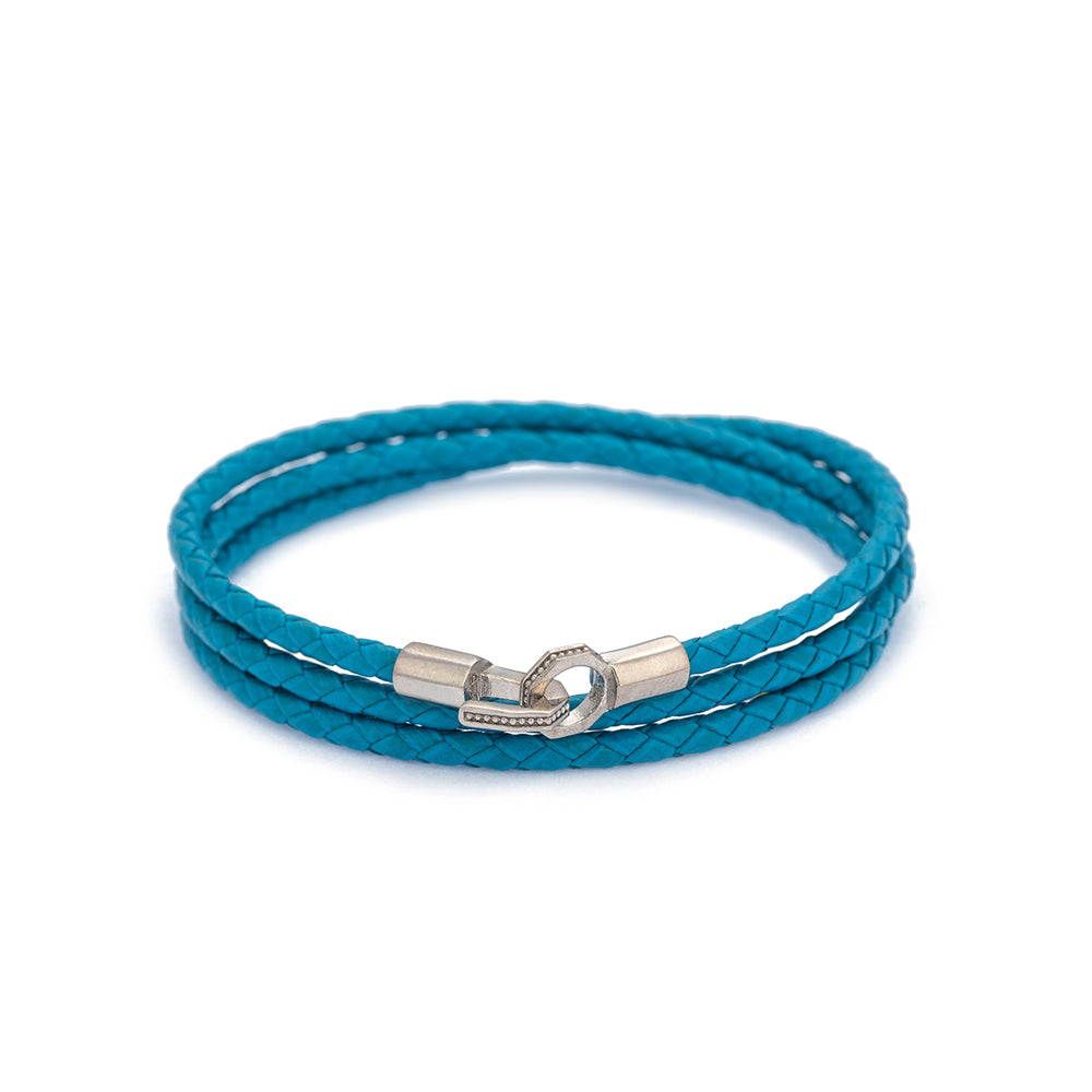 Blue Triple Leather Bracelet in Silver