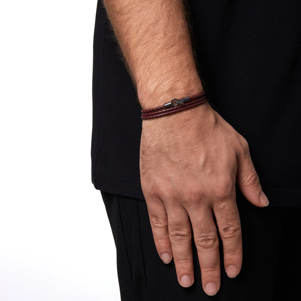 Claret Red Triple Leather Bracelet in Oxide